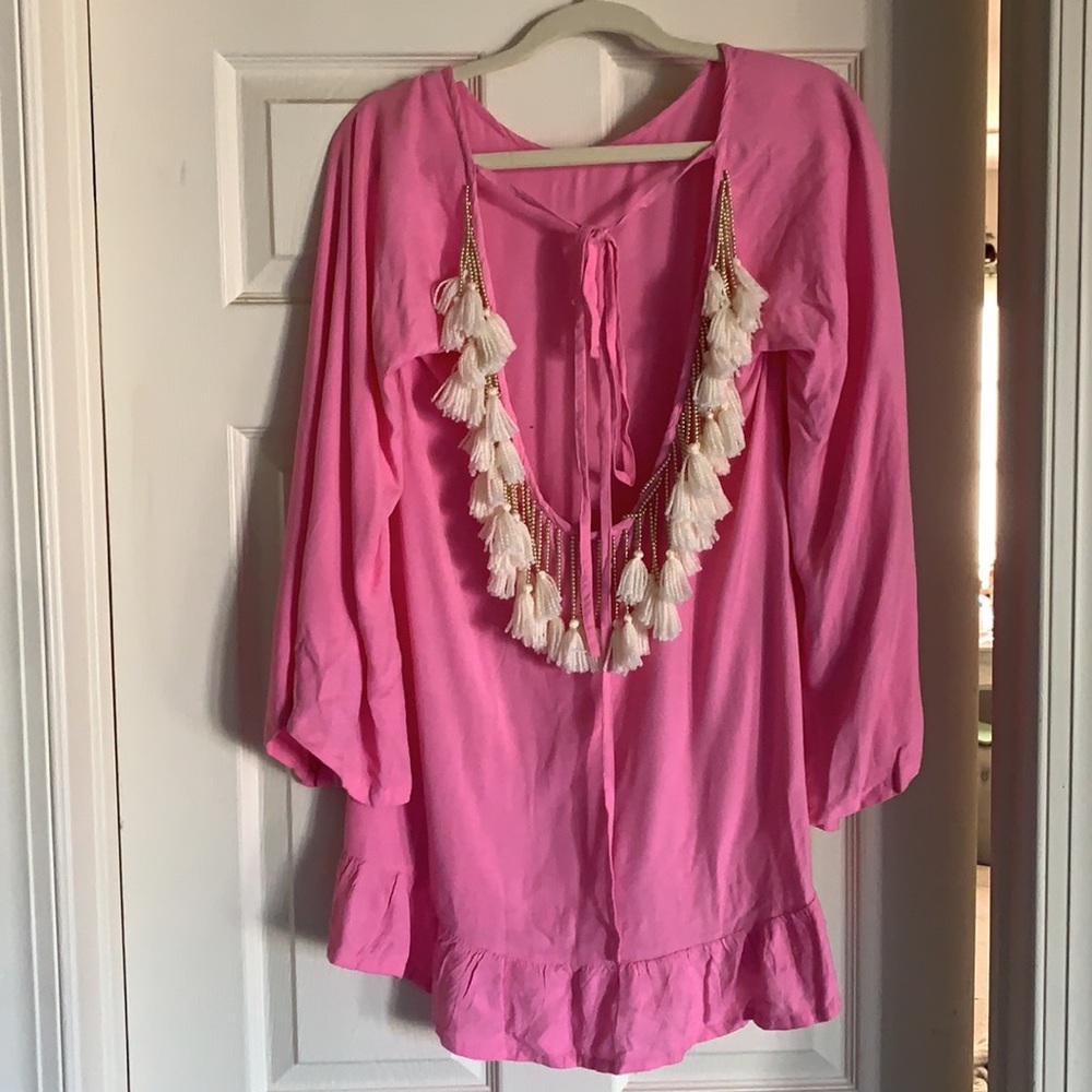 Sundress Pink Flowy Beach Coverup with Tassels Size XS